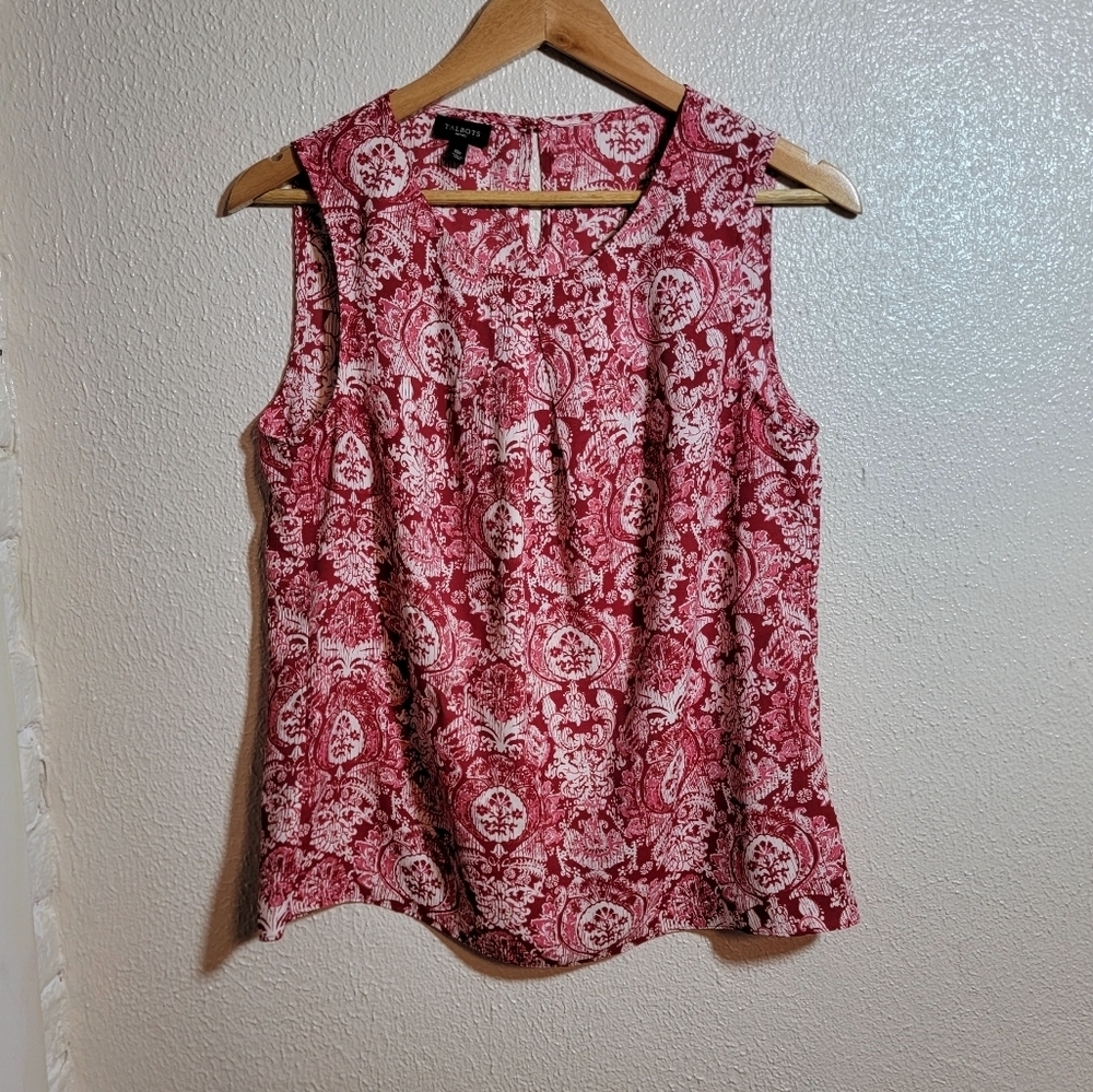 Talbots Petites Paisley Shirred Front Tank Blouse sz 10P Red Pink Office Casual